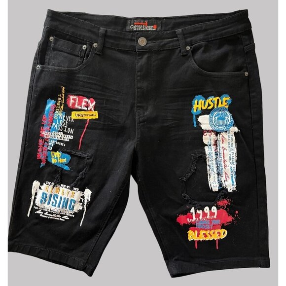 Copper Rivet Jean Shorts Mens 38 Black Hip Hop Denim Distressed Paint Patched - Picture 5 of 12